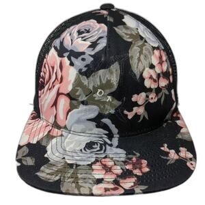 Volcom Trucker Hat Black Pink OS Floral Rose Flat Brim Mesh Snapback Adjustable